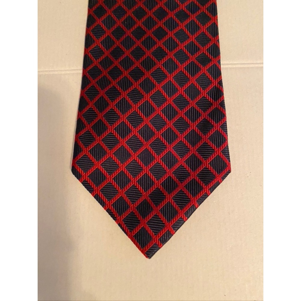 Faconnable Mens Silk Tie Navy Blue Red Geometric Lattice Hand Made in France